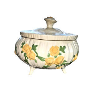 Vintage Footed Porcelain Biscuit Bowl w/ yellow roses; shabby chic/cottage core